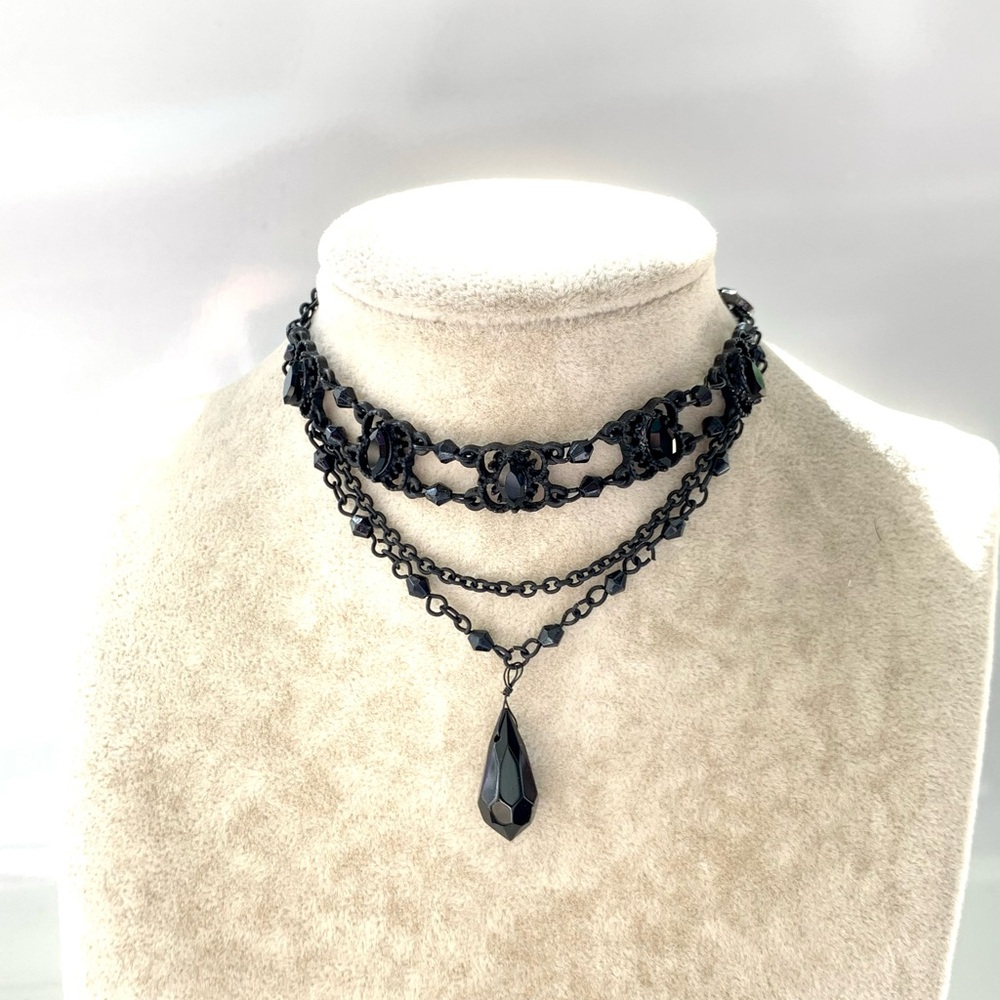 Black layered choker necklace with black beads y2k fairy goth